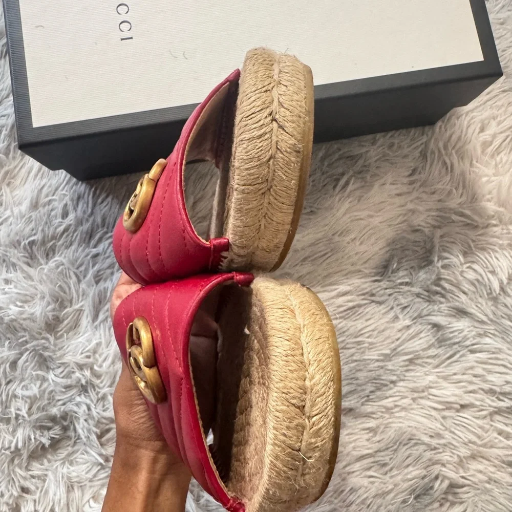 Gucci Red Leather GG Marmont Raffia Slides – Size 40.5 (FITS LIKE US 9) - Picture 8 of 11